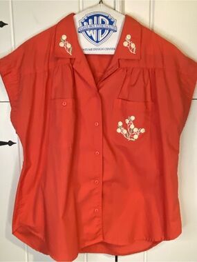 Vintage Grand Design Embroidered Vibrant Orange Women’s Button Down Shirt